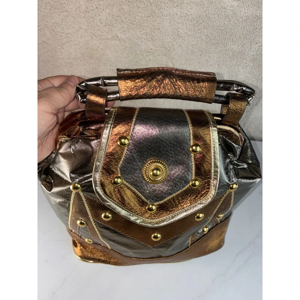 1980's Shafir Bronze Metallic Leather Handbag - OS - Steampunk, 80's, Vintage